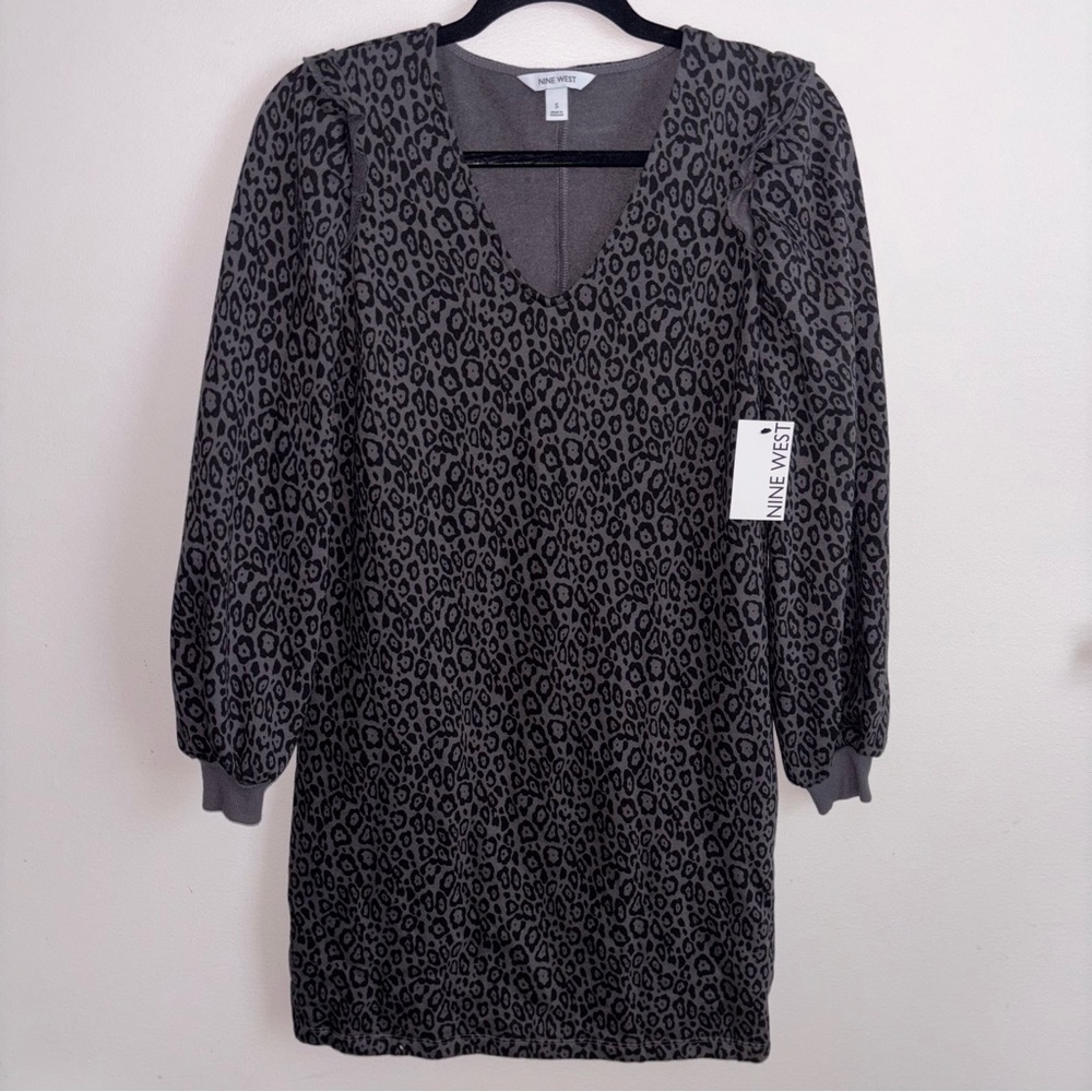 Nine West Gray and Black Leopard Print Long Sleeve Dress
